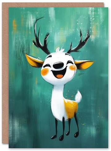 Artery8 Cute Happy Reindeer Cartoon Painting For Child Kids Xmas Festive Christmas Card