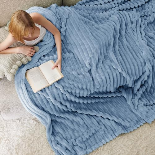 Bedsure Fleece King Size Blanket - Fluffy Throw, Ashley Blue, 230x270 cm | Striped Soft Cute and Cosy, Lightweight Warmth, Perfect for Room Decor, Travel, Camping, Gifts for Women and Girls