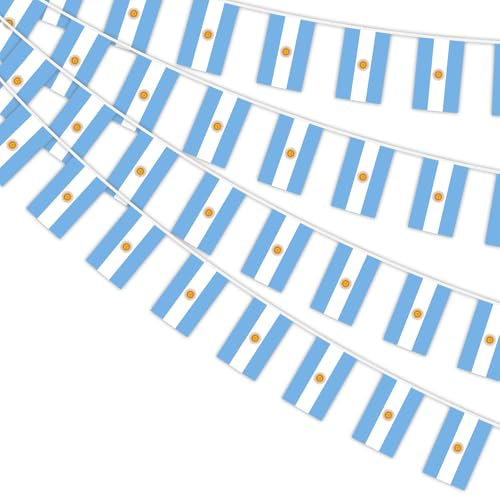 AhfuLife Banderines de bandera de Argentina para decoración de fiestas, 10 m, 30 unidades de banderas de Argentina, banderas de doble cara para decoración de fiesta de fanáticos del fútbol del Día