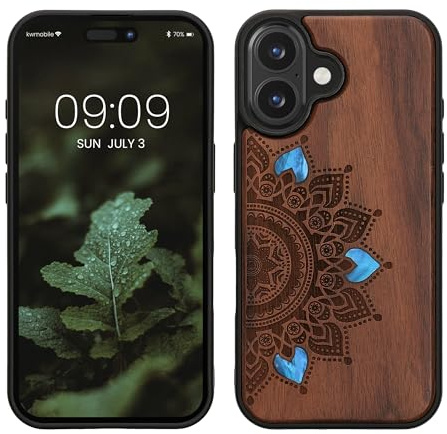 kwmobile Handyhülle für Apple iPhone 16 Hülle Holz - Case mit TPU Bumper - Stoßfestes Hardcase - Schutzhülle Cover in Dunkelbraun