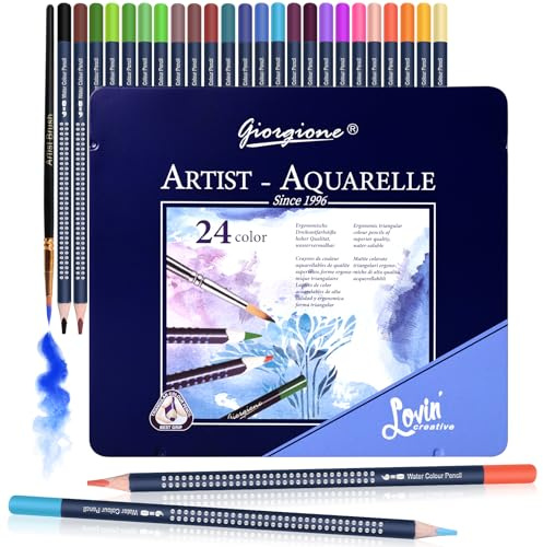 Reaeonat Watercolour Pencils, 24 Professional Colored Pencil Set in Tin Box for Adult Artist and Beginners Drawing Sketching Painting Coloring Book Art Stationery Supplies