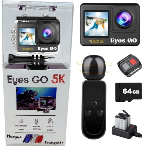 Eyes GO 5K - Marque Française - Caméra Sport 5K30fps 4K60FPS - Appareil Photo 50MP - Kits 31 Accessoires - 2 écrans (Tactile & Vlog)- Micro Cravate 360° -EIS 2- Action Camera Sportive Étanche Dashcam