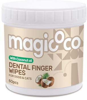Magicoco Natural Coconut Oil Pet Dental Finger Wipes for Dogs & Cats Natural Teeth Cleaning, Freshen Breath, Gentle Gum Care, Disposable Toothbrush Wipes (60 PCS)