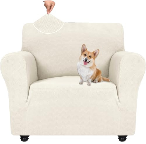 YSTELLAA Stretch Sofa Überzug Mit Armlehne, 1 Sitzer, CremeWeiß | Sofaschoner rutschfest, Universal dicke Sofabezug, Waschbare Sofa Cover für Hunde Katzen und Haustiere