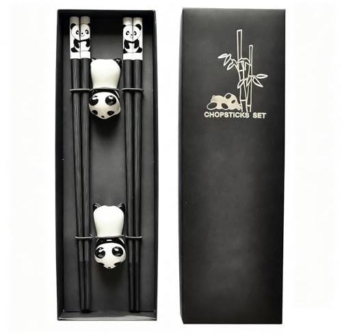 Gekamoyue 2 Paar Essstäbchen, Essstäbchen Panda Wiederverwendbar mit Halter, Personalisiert Chopsticks Geschenkset, Spülmaschinenfest (Schwarze Box)