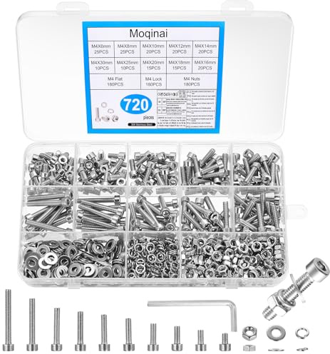 Moqinai 720 Stück M4 Schrauben Set, M4 Zylinderschrauben mit Innensechskant Schrauben Muttern Set, Edelstahlschrauben und Unterlegscheiben Sets, Gewindeschrauben Muttern Sets,