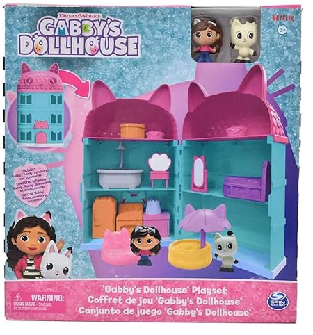 Spin Master DreamWorks Gabby's Dollhouse, Puppenhaus mit Figuren und Zubehör, Netflix-Spielset, Haus mit Katzenmotiv in Türkis und Rosa