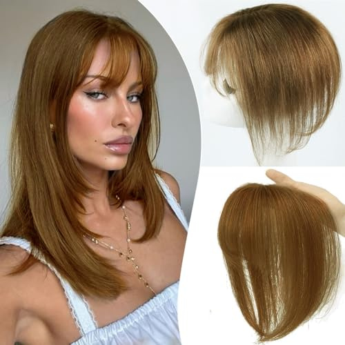 Echthaar Topper Mit Pony 360° 3D Abdeckung Topper Für Frauen Remy Echthaarteile Für Frauen Mit Dünner Werdendem Haar Glatter Clip in Pony Mit Toppers(Hellbraun #6, 20cm 8 Zoll)