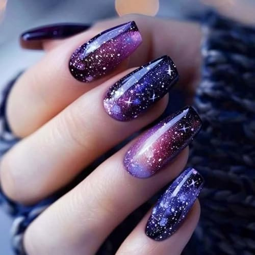 Purple Galaxy Gradient Press On Nails Coffin Shape with Sparkling Stars & Glitter - Medium Length False Nails Set for Elegant Touch, Multiple Sizes & Reusable Design, Easy Application Manicure Kit