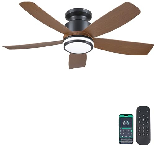Kviflon Ventilador de Techo con Luz Silencioso 104 cm, Modernos Ventiladores de Techo con Mando a Distancia y APP para Dormitorio Salon, Motor dc Reversible, LED Regulable, Aspas de ABS, Marrón