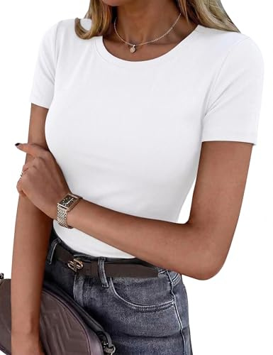 Totatuit Womens Short Sleeve Tops Summer Crew Neck T Shirts UK Basic Tee | Ladies Shirt Stretch Fitted Base Layers Casual Tunic Top Clothes 2026 Soft Round Neck Slim Fit Basic For Jeans Skirts