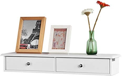 SoBuy Etagere Murale avec 2 Tiroirs - Étagère Flottante Moderne pour Entrée, Salon, Cuisine & Chambre - Blanc 64x15x10cm FRG43-W
