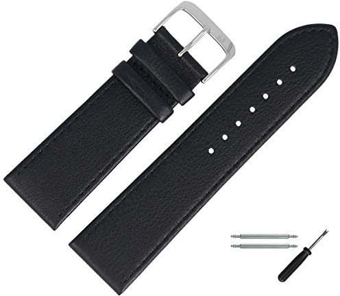 MARBURGER Uhrenarmband 30mm Leder Schwarz Silber Glatt Mit Naht - Montage Set 7593010000120