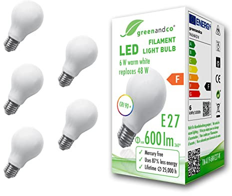 greenandco 5x CRI90+ Glühfaden LED Lampe | matt | ersetzt 48 Watt E27 Birne, 6W 600 Lumen | 2700K warmweiß | Filament Fadenlampe | 360° 230V AC | nicht dimmbar | flimmerfrei | 2 Jahre Garantie