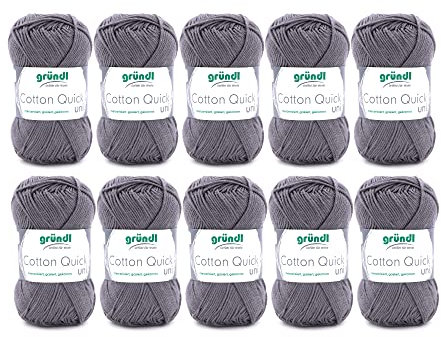 Gründl Wolle Cotton Quick uni - dünne Wolle zum Häkeln - Strickgarn - Häkelgarn - Glänzend und hautfreundlich - 100 % Baumwolle - 10 Knäuel 50 g / 125 m - Nadelstärke 3 - 4 - Mausgrau