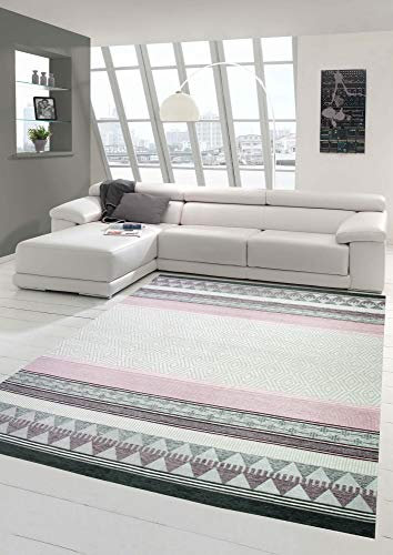 Merinos Orientteppich Wohnzimmer Teppich Karo in Creme Grau Lila Größe 200 x 290 cm
