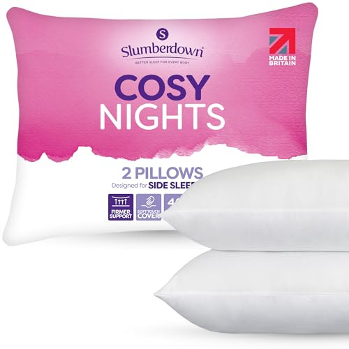 Slumberdown Cosy Nights Bed Pillows 2 Pack Non-Allergenic Firm Support Back & Side Sleeper Pillow - Soft Touch Breathable Cover, Made in the UK & Washable, Packaging May Vary (48 x 74cm)