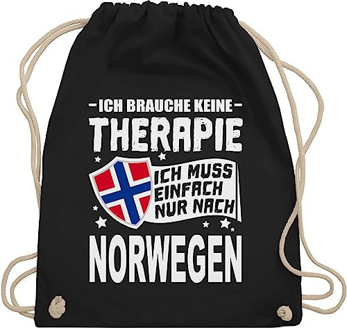 Turnbeutel Rucksack - Länder Fahnen und Flaggen - Ich brauche keine Therapie Ich muss einfach nur nach Norwegen - weiß - Unisize - Schwarz - country norway stoffbeutel sprüche stoff rucksäcke