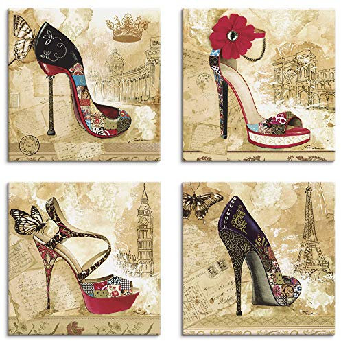 ARTLAND Wanddeko Leinwand Bilder Set 4tlg. je 30x30 cm Quadratisch Wandbilder Mode Schuhe High Heels Stiletto K3DY