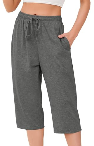 Vlazom Cotton Women's Pyjamas Bottoms Casual Capri Pants Short Ladies Lounge Pants with Pockets Drawstring Sleepwear, Grey, S