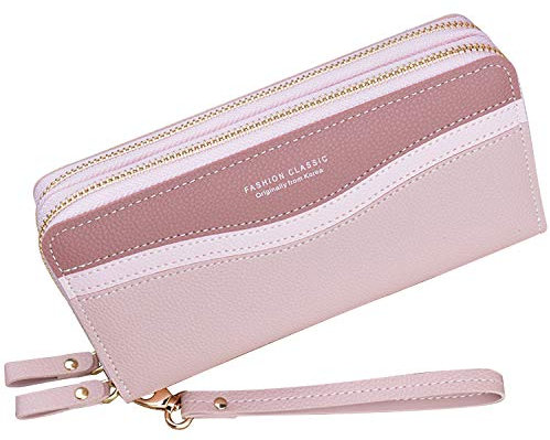 Damen Geldbörse mit Doppeltem Reißverschluss Geldbörse PU Leder Telefon Geldbörse für Frauen Große Kapazität Lange Clutch Geldbörse mit Mehreren Kartensteckplätzen Armband Geldbörse (Rosa5)