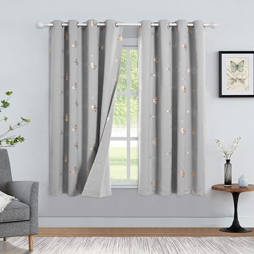 Jubilantex Verdunkelungsvorhänge mit Metallic-Schmetterlingen, für Kinderzimmer, 90% Raumverdunkelung, 160 cm lang, mit Ösen, Grau, 2 Paneele