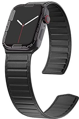LKEITY Kompatibel mit Apple Watch Armband 49mm 45mm 41mm 44mm 42mm 40mm 38mm Schlaufe Magnet Leder Link Loop Uhrenarmband, Magnetisch Lederarmband für iWatch Series 8/SE/SE2/7/6/5/4.. Herren Schwarz