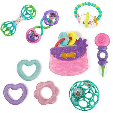 Bright Starts Everything Nice 9pc Gift Set - BPA-Free Rattles and Teethers, Purple and Pink Baby Toys, Newborn+