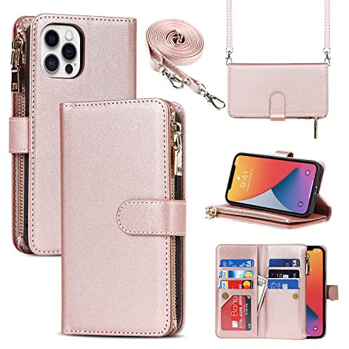 Cavor Crossbody iPhone 12/12 Pro Case With Card Holder With Strap,Flip Leather Wallet Case,[9 Card Holder] Zipper Detachable Lanyard Phone Case Cover for Women for iPhone 12/12 Pro - Rose Gold