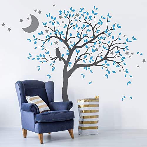 Studio Quee Großer Baum Wandaufkleber mit Eule, Mond und Sternen Kinderzimmer Wandbild Dekoration 088 (Äste nach rechts, Dunkelgrau, Eisblau, Mittelgrau)