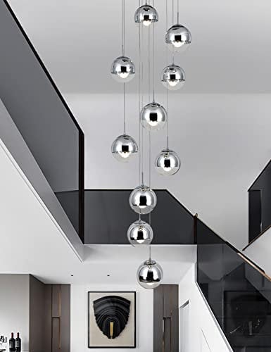 Kinbolas Treppenhaus Pendelleuchte 10 Glas Kugel LED Moderne Pendellampe Kristall Hängeleuchte Höhenverstellbar Kronleuchter Für galerie Wohzimmer Esstisch,Treppe,Flur Deckenleuchte Hängelampe,Silber