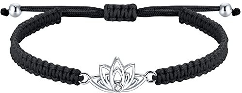 J.Endéar Armband Lotus für Damen Mädchen, Silber 925 Lotusblüte Handgefertigtes filigranes Kordelarmband, Amulett Glücksschmuck Geschenk für Frau Freundin Tochter, Schwarz