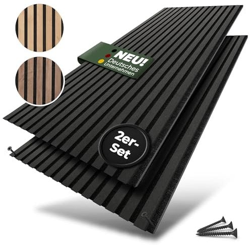 LAGELLA ® - Akustikpaneele 2er Set 120cm x 60cm (240cm x 60cm) - Hochwertige Holz Wandpaneele - inkl. Schrauben - Lamellenwand mit Filz Schalldämmung für Wohnzimmer, Büro, Garderobe (Black-Schwarz)