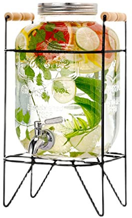 Fria Dispensador de bebidas con soporte de metal, recipiente para bebidas de vidrio frío, dispensador de agua transparente con grifo de acero inoxidable a prueba de fugas para limonada Garrafa de agua