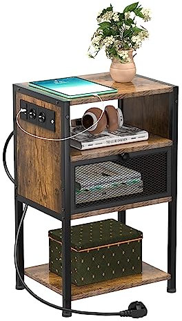 PIPIPOXER Table de Chevet avec Prise, Table de Chevet avec Ports USB et Prises, Table d'appoint Rabattable pour Les Petits espaces/Table d'appoint Fine pour Salon, Chambre à Coucher, Bureau