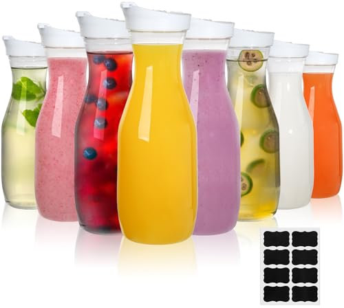 Lawei Confezione da 8 caraffe per acqua in plastica da 1 litro, trasparente con coperchio a scatto, a collo stretto, per succhi, acqua, tè freddo, latte, limonata e mimosa