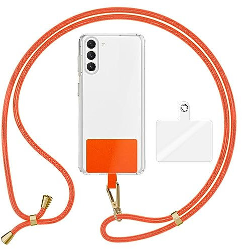 Kaliroo Universal Umhängeband mit 2 Pads & Karabiner-Haken (Gold Metall), Verstellbare Crossbody Handy-Kette 160cm lang für Handyhülle, Befestigung für Smartphone Schlüssel Ausweise, Farbe:Orange