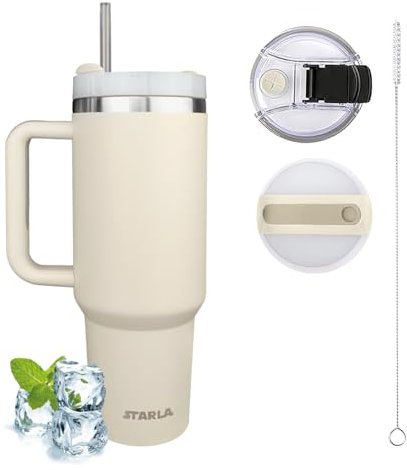 STARLA Thermobecher mit Strohhalm und Henkel 1,2l groß, 2 Deckel, auslaufsicher, Edelstahl Isolierbecher Kaffeebecher To Go Wasserbecher Getränkebecher Reisebecher Trinkbecher mit Griff (Crème)