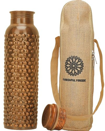 FURNISHFUL FINESSE Kupfer-Wasserflasche zum Trinken, 34 oz antike schwarze Wasserflasche aus reinem Kupfer – Reise-Wasserflasche für Fitnessstudio, Büro, Wandern, Outdoor – ayurvedische Wasserflasche