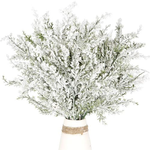 Donfulily Artificial Snowy Pine Branches, Pack of 6 Frosted Cedar Twigs Stems Christmas Tree Picks and Sprays for Xmas Centerpiece DIY Craft Garland Wreath Making Supplies Home Décor (Green)