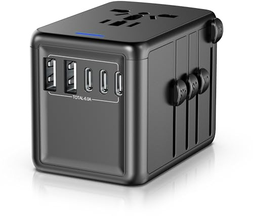 URJD Universal Travel Adapter, 6.0A 30W 5 USB C/A Ports + 2500W AC Outlets, International Power Adapter for All USB Devices, Multi Plugs 110V 220V A/C, European Travel Plug Adapter for 200+ Countries