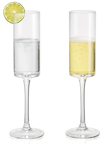 Inweder Champagne Flutes Set of 2: Cylinder Crystal Champagne Glasses Vintage Drinking Glasses Ribbed Wine Glasses Cocktail Glass Prosecco Glass for Wedding Anniversary Christmas Birthday Party Gifts