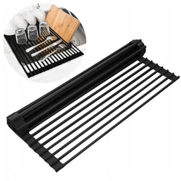 Escurreplatos enrollable de acero inoxidable, color negro, plegable, para platos, verduras, frutas, cubierta, fregadero de cocina, escurridor de platos, fregadero, rejilla, cubierta para fregadero de