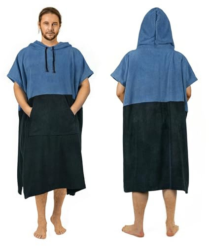 Zingtto Surf Poncho Wickelmantel, extra groß, dick, Handtuch-Poncho für Damen und Herren, mit Kapuzentasche für Strand, Schwimmen, 119,4 x 94 cm, Schwarz / Blau
