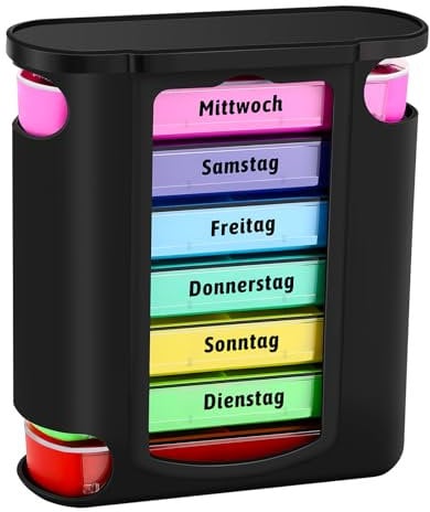 Collazoey Pill Box 7 Days, Schubladen Pillen Organizer, Reise Tablettenbox mit Fächern für Medikamente, Nahrungsergänzungsmittel, Vitamine(Deutsche Version)-Farbversion