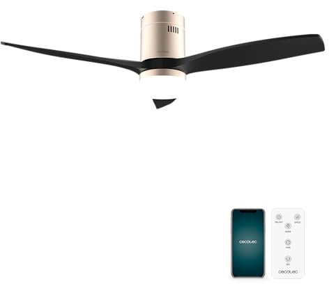 Cecotec Ventilador de Techo EnergySilence Aero 5600 Aqua GoldBlack Connected de 40 W y 52”, Wifi, Mando, protección IP44, luz, 6 velocidades, 3 aspas, modo winter-summer y temporizador 8 h