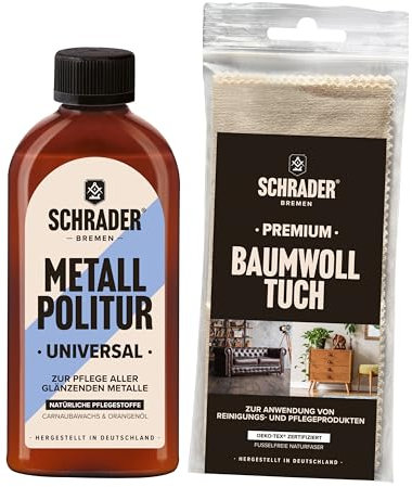 SCHRADER Metall Politur universal - Pflegemittel für glatte Metalle - Reinigende Polier-Creme - 1x 250ml - Mit Poliertuch - Made in Germany