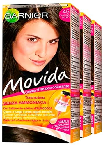 Garnier Movida Tinta Semi Permanente per Capelli Crema Shampoo Colorante Tono su Tono Colore 45 Castano Scuro Senza Ammoniaca Evita Effetto Ricrescita Agisce in 15 Minuti - 3 Trattamenti
