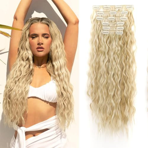 aikaa Clip in Extensions, 6PCS 60 cm Haarverlängerungen mit Clips Synthetik Gewellte Haarextension Wavy Haar, Haarteil für Frauen (#24H613- Golden Highlighted Bleach Blonde)
