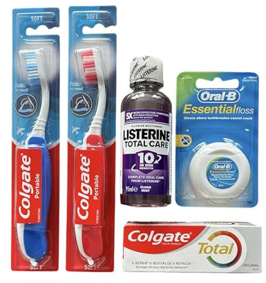 Lot de 2 brosses à dents de voyage comprenant 2 brosses à dents de voyage portables, dentifrice, fil dentaire et bain de bouche. Idéal pour les vacances, les vacances ou le camping.